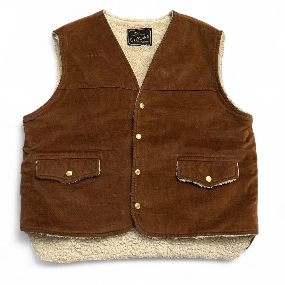 Vintage Westwind Sportswear Brown Corduroy Sherpa Vest 70s Western Rancher L XL